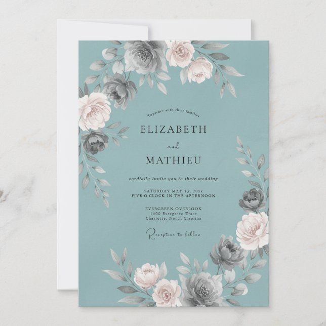 Invitation Mariage d'hiver luxuriant bleu poussiéreux (Devant)