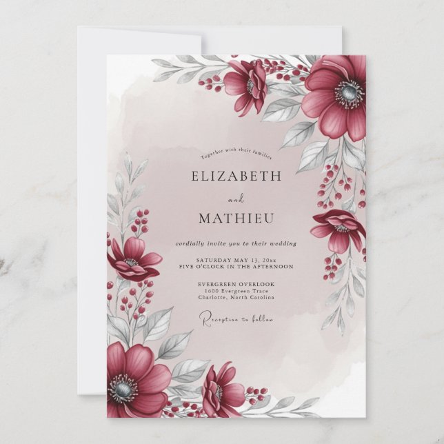 Invitation Mariage d'hiver luxuriant rouge canneberge (Devant)