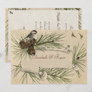 Invitation Mariage d'hiver, Mésange à tête noire, Cônes de pi