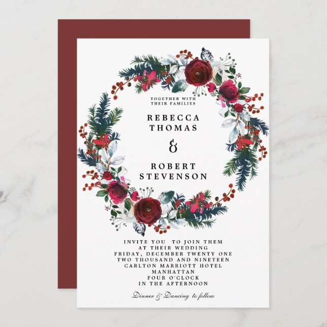 Invitation mariage d'hiver moderne couronne de fleurs bordeau (Devant / Derrière)