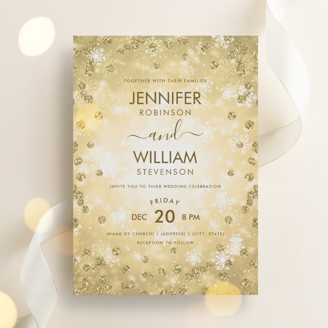Invitation Mariage d'hiver moderne Festive Gold élégant (Modern Festive Gold Elegant Winter Wedding Invitation)