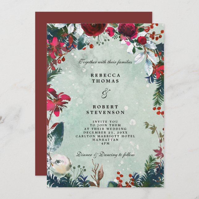 Invitation mariage d'hiver moderne fleurs rouges neige (Devant / Derrière)