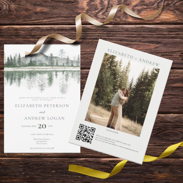 Invitation Mariage d'hiver | Montagnes Rustiques | Code QR (Créateur téléchargé)