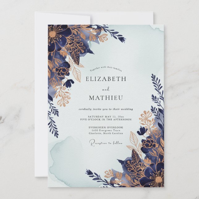 Invitation Mariage d'hiver Navy Or Exquis (Devant)