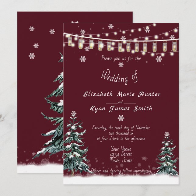 Invitation Mariage d'hiver Neige Pins Moderne Bourgogne (Devant / Derrière)