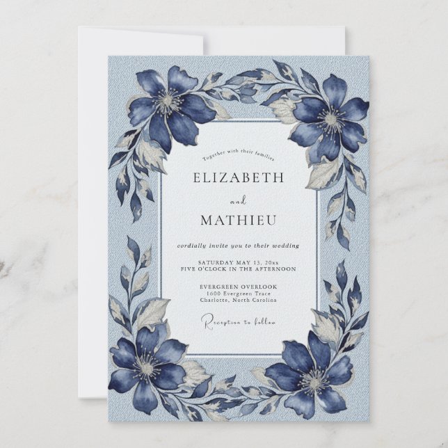 Invitation Mariage d'hiver noble bleu marine (Devant)