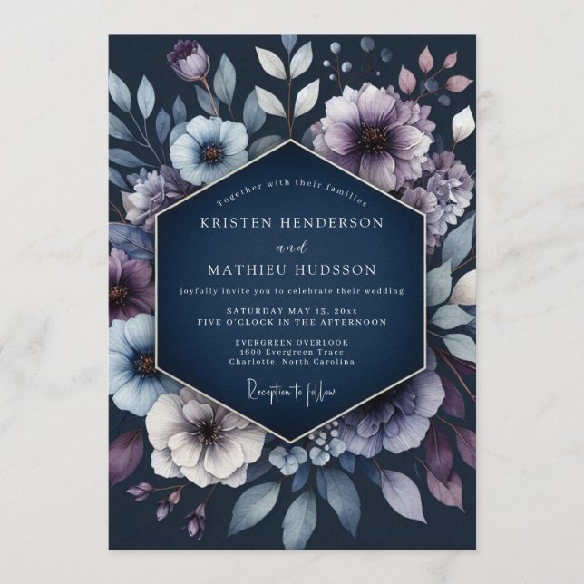 Invitation Mariage d'hiver nocturne bleu marine (Devant)
