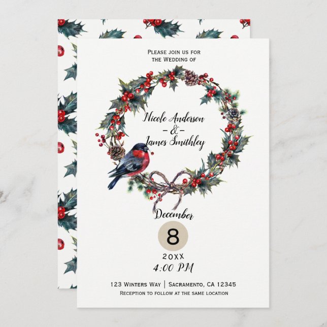 Invitation Mariage d'hiver Noël Holly Berry Bird (Devant / Derrière)