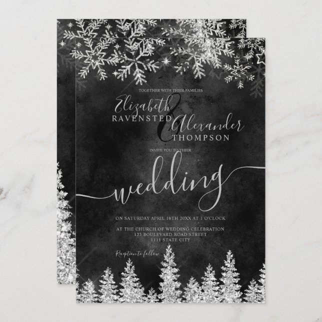 Invitation Mariage d'hiver noir en pin d'argent (Devant / Derrière)