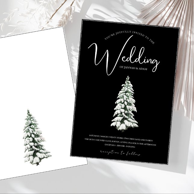 Invitation Mariage d'hiver Noir et Blanc SnowTree (Winter Black and White Snowy Pine Tree Wedding Invitation)