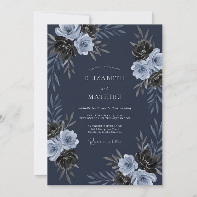 Invitation Mariage d'hiver ombragé bleu marine (Devant)