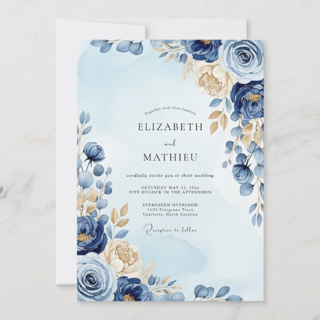 Invitation Mariage d'hiver Orné Bleu Marine (Devant)