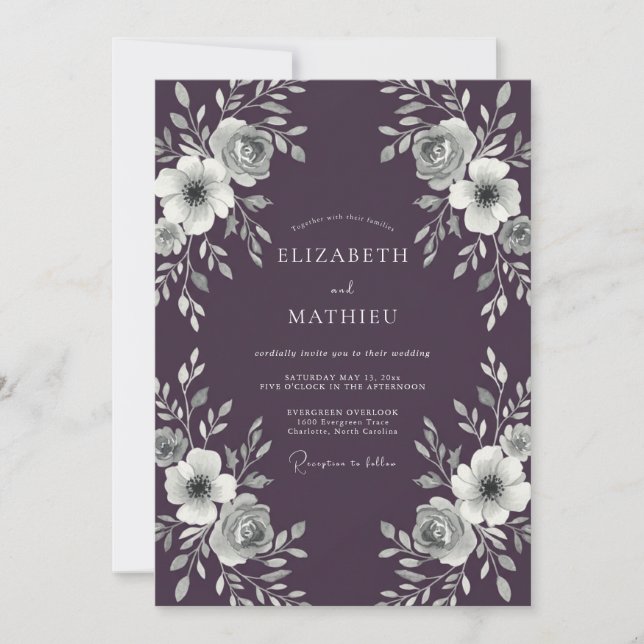 Invitation Mariage d'hiver orné d'aubergine (Devant)