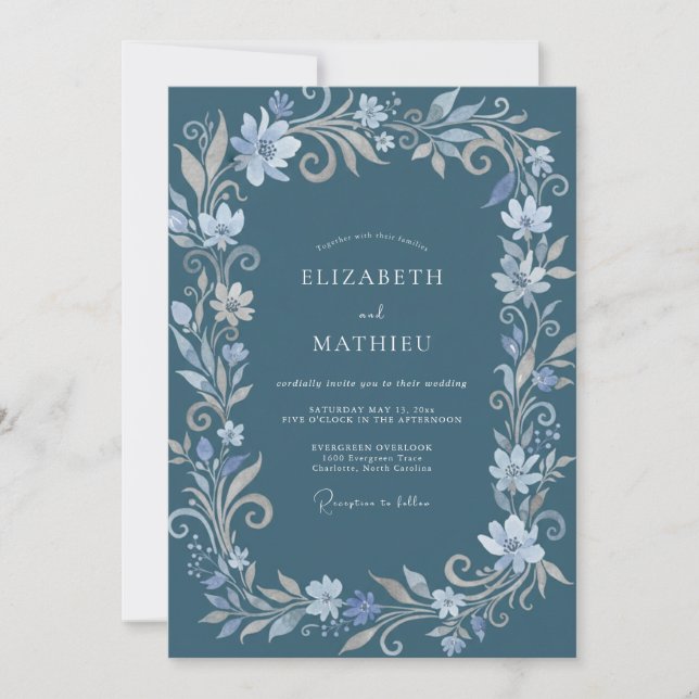 Invitation Mariage d'hiver orné de bleu acier (Devant)