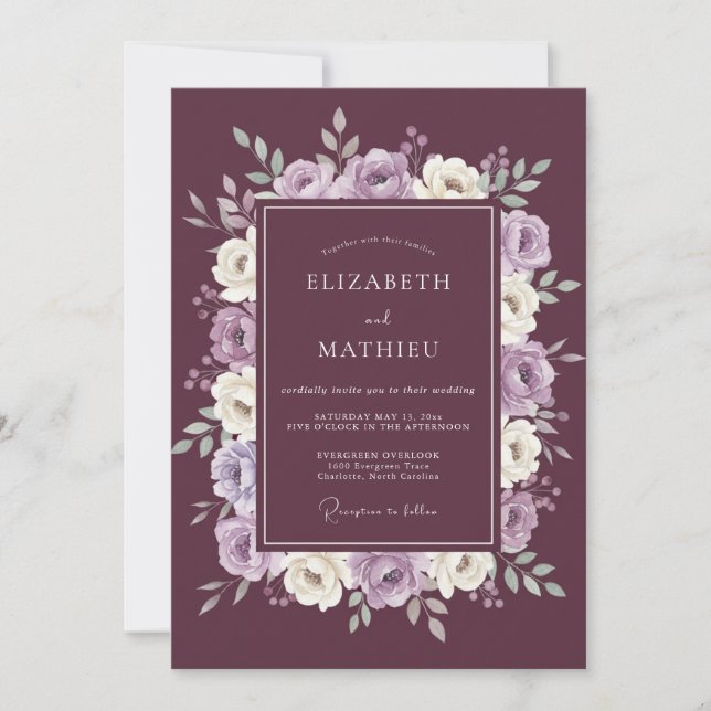 Invitation Mariage d'hiver orné de prune (Devant)