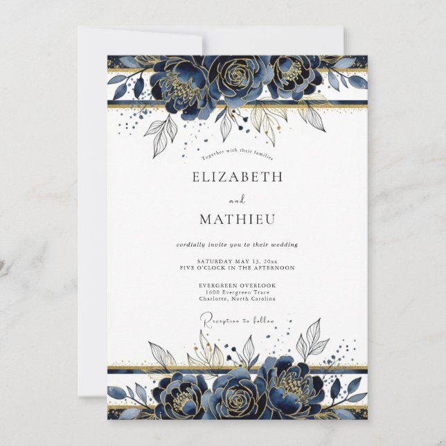 Invitation Mariage d'hiver orné d'or de la marine (Devant)
