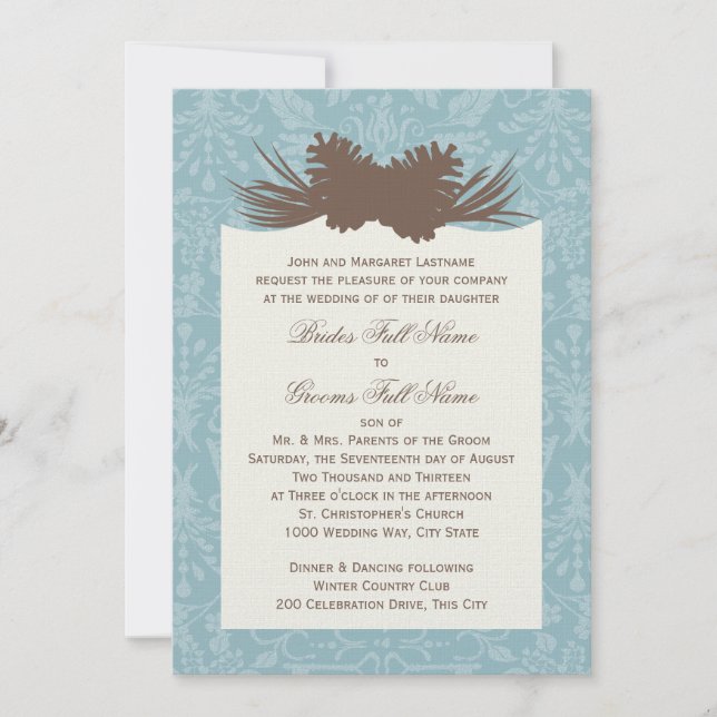 Invitation Mariage d'hiver Pinecones et Damask (Devant)