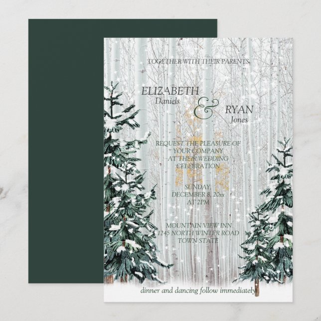 Invitation Mariage d'hiver Pins Bouleau Blanc Forêt (Devant / Derrière)