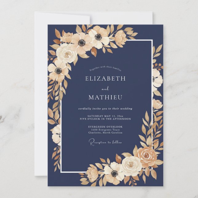 Invitation Mariage d'hiver poétique bleu marine (Devant)