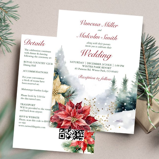 Invitation Mariage d'hiver poinsettia pin tout en un modèle (Winter wedding watercolor poinsettia snowy pines all in one template invitation digital download)