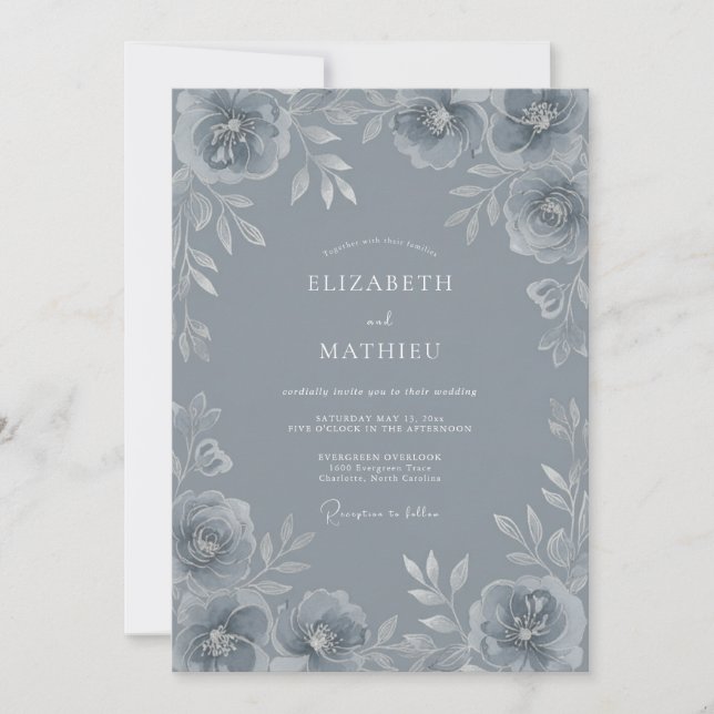 Invitation Mariage d'Hiver Raffiné Bleu Acier (Devant)