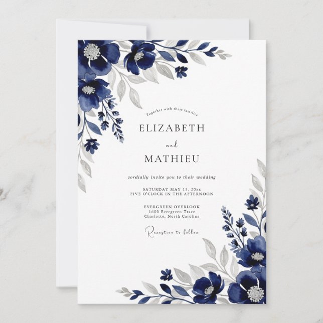 Invitation Mariage d'hiver raffiné dans le bleu de la marine (Devant)