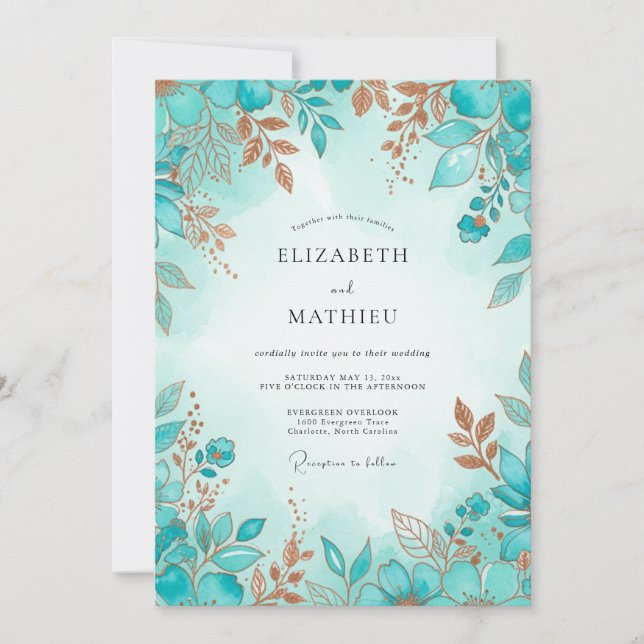 Invitation Mariage d'hiver raffiné turquoise (Devant)