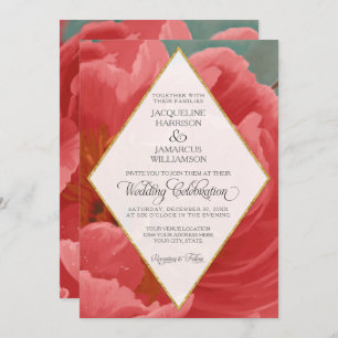 Invitation Mariage d'hiver Red Peony Gold Faux Parties scinti