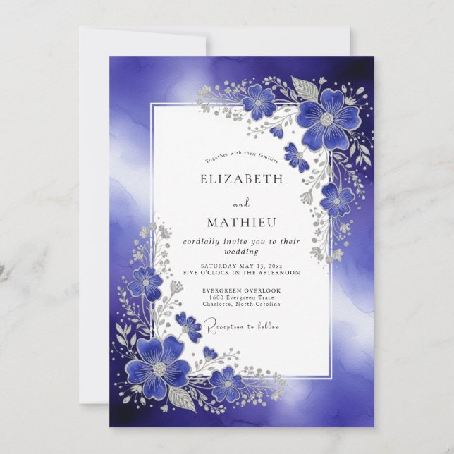 Invitation Mariage d'Hiver Resplendissant Bleu Saphir (Devant)