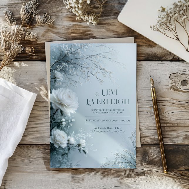 Invitation Mariage d'hiver Rose Blanche et Brume Bleue Glacée (Créateur téléchargé)