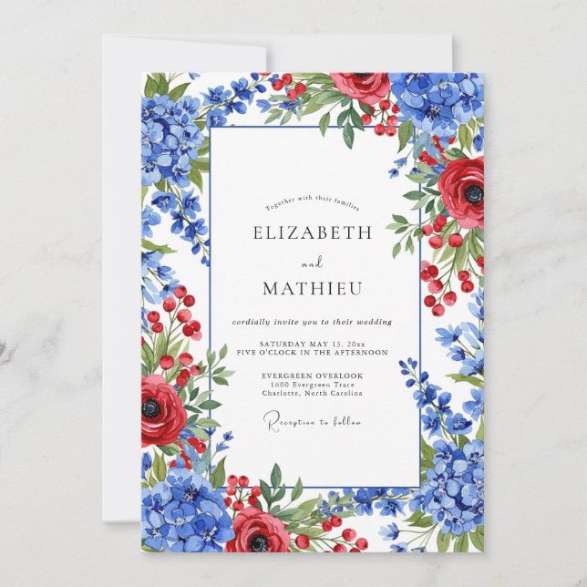 Invitation Mariage d'hiver rouge bleu enjoué (Devant)
