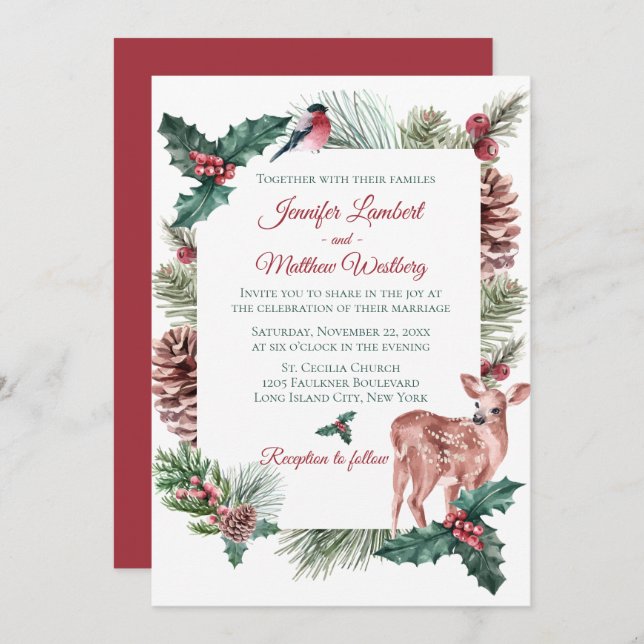 Invitation Mariage d'hiver Rouge Noël Renne Cerf Floral (Devant / Derrière)