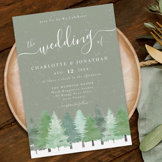 Invitation Mariage d'hiver rustique bois moderne vert sauge (Rustic elegant watercolor snowy evergreen Woodland winter forest sage green wedding invitation)