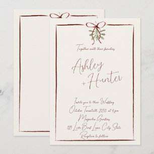 Invitation Mariage d'hiver rustique bordeaux rouge à ruban de