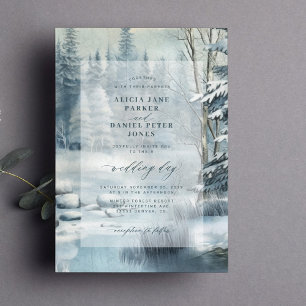 Invitation Mariage d'hiver rustique dans la forêt de pins enc