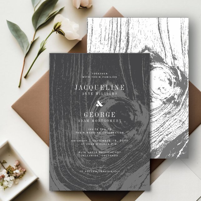 Invitation Mariage d'hiver rustique moderne classique avec un (Black/White Classic Modern Rustic Woodgrain Winter Wedding Invitation @ fatfatin_blue_knot)