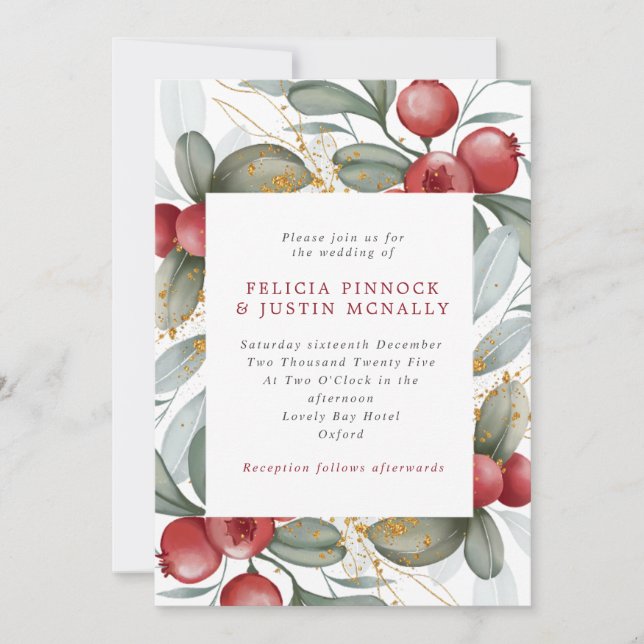Invitation Mariage d'hiver Sage Green & Red Berries (Devant)