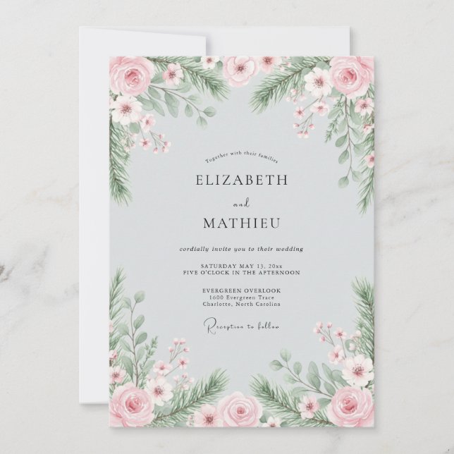 Invitation Mariage d'hiver serein rose tendre (Devant)