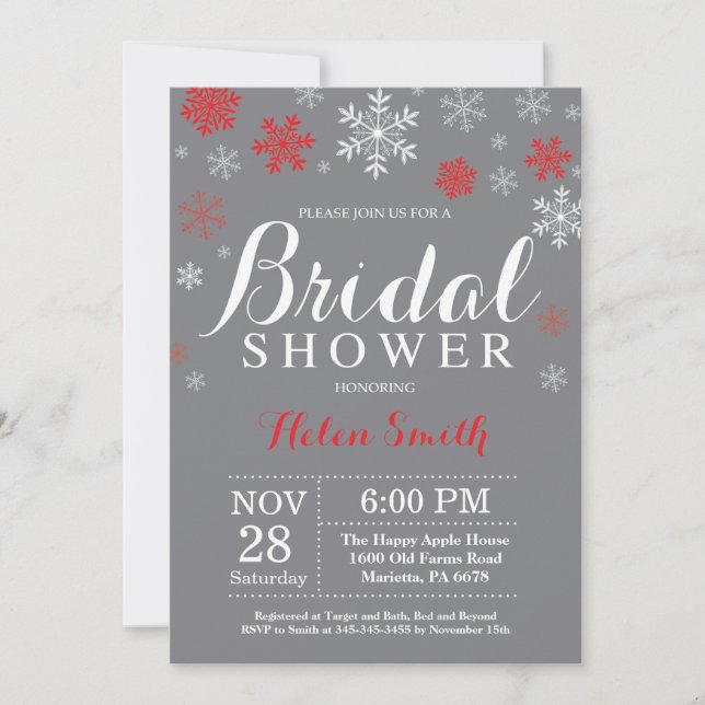 Invitation Mariage d'hiver Shower Rouge Flocon de Neige Gris (Devant)