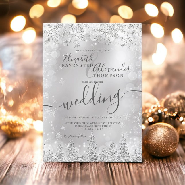 Invitation Mariage d'hiver Silver gris neige pin Noël (Silver gray snow pine Christmas winter wedding Invitation)