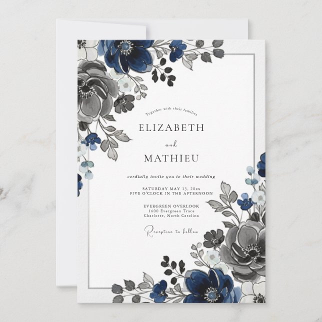Invitation Mariage d'hiver solennel bleu marine (Devant)