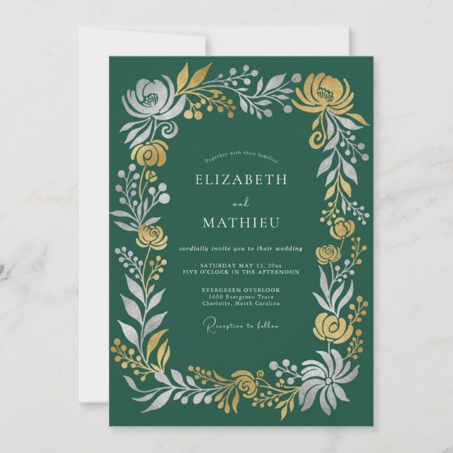 Invitation Mariage d'hiver solennel vert forêt (Devant)