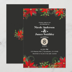 Invitation Mariage d'hiver sombre Rouge Poinsettia Floral Fêt