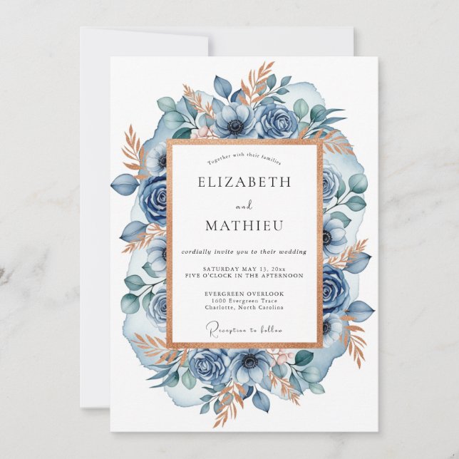 Invitation Mariage d'hiver somptueux bleu ardoise (Devant)