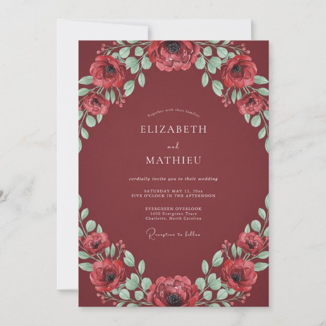 Invitation Mariage d'hiver somptueux bordeaux (Devant)