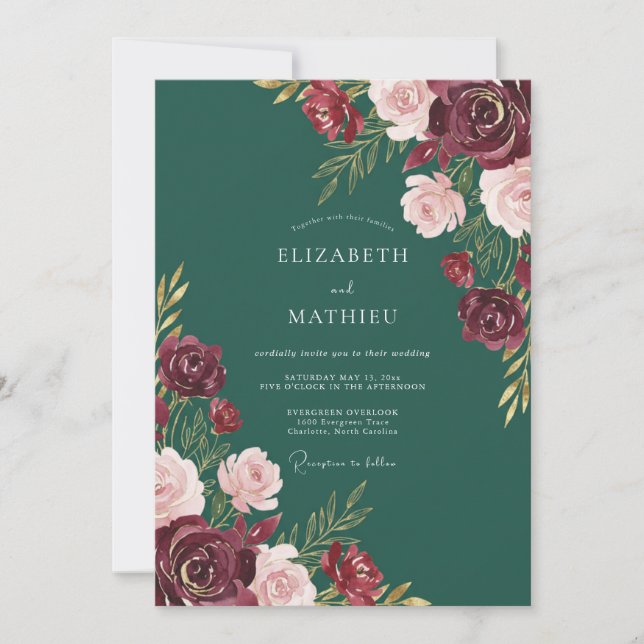 Invitation Mariage d'hiver somptueux vert émeraude (Devant)