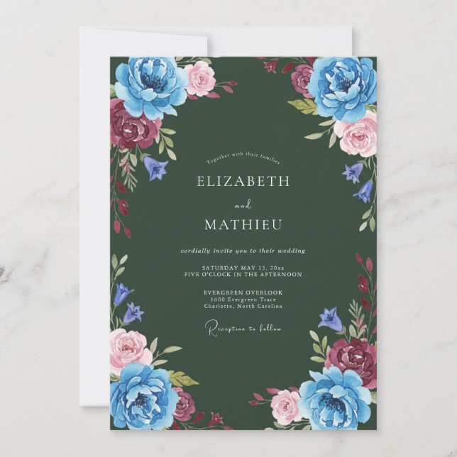 Invitation Mariage d'hiver somptueux vert pin (Devant)