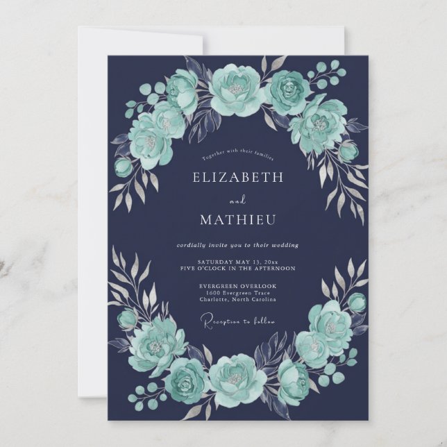 Invitation Mariage d'hiver sophistiqué bleu marine et menthe (Devant)