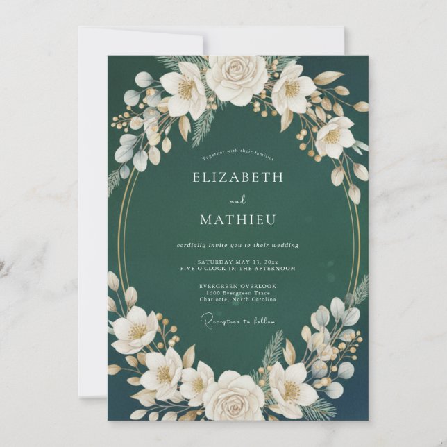 Invitation Mariage d'hiver sophistiqué vert forêt (Devant)