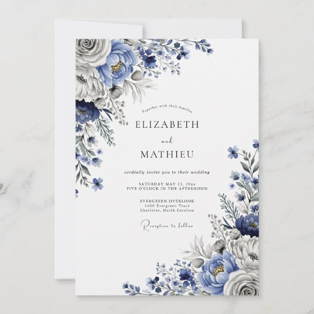 Invitation Mariage d'hiver sublime bleu acier (Devant)
